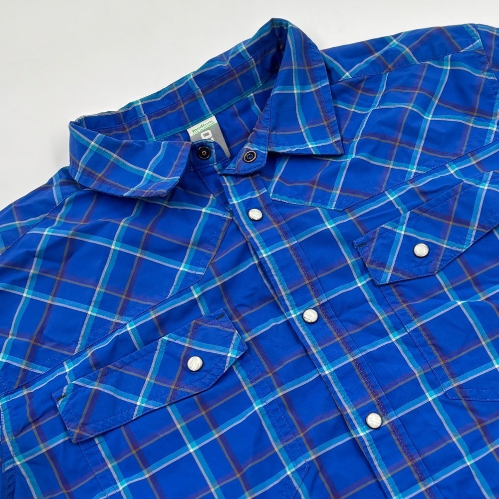 Stio Men's M Eddy Blue Plaid Pearl Snap Short Sleeve Outdoor Western Shirt